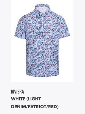 Riviera Short-Sleeve Polo in White with Light Denim & Red Leaf Print